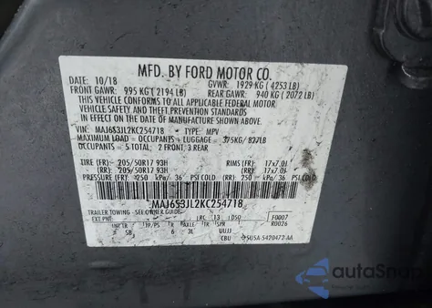 2019 Ford Ecosport Ses z USA, uszkodzony, nr VIN MAJ6S3JL2KC254718